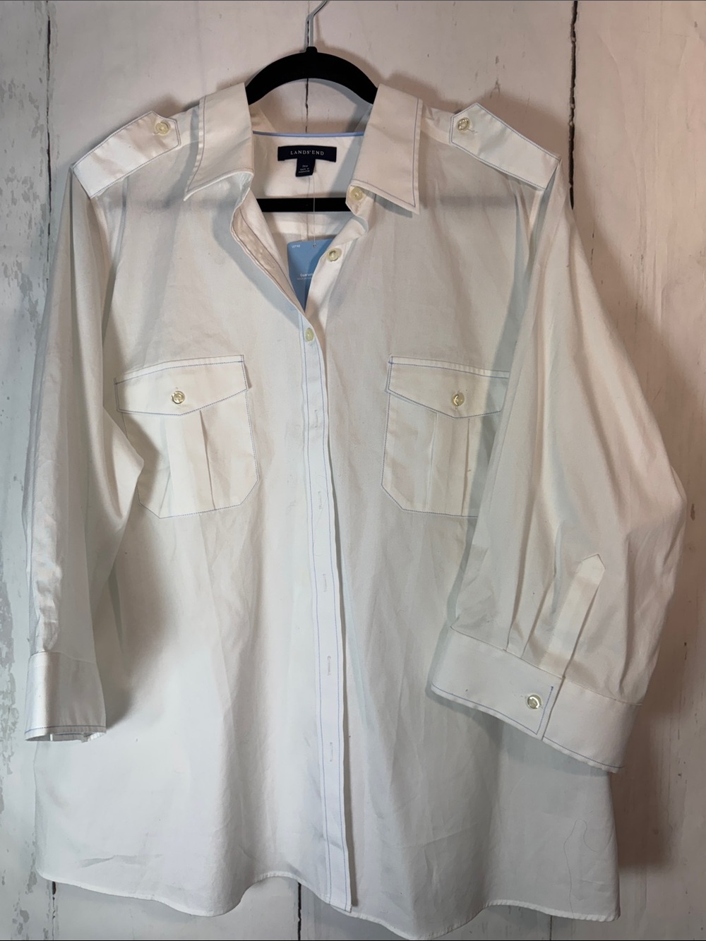 Lands' End White Womens Button-Front Utility Shirt with Epaulets
